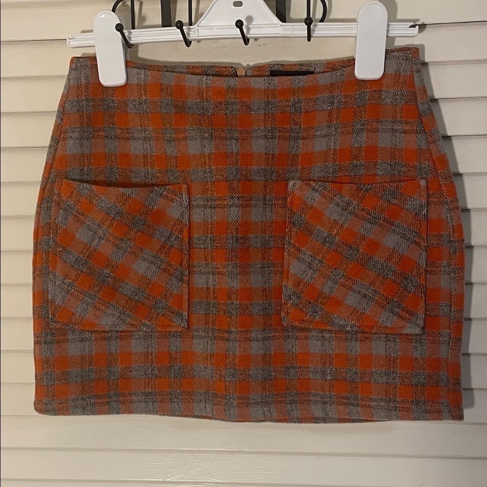 Lumiere Orange and Gray Plaid Mini Skirt